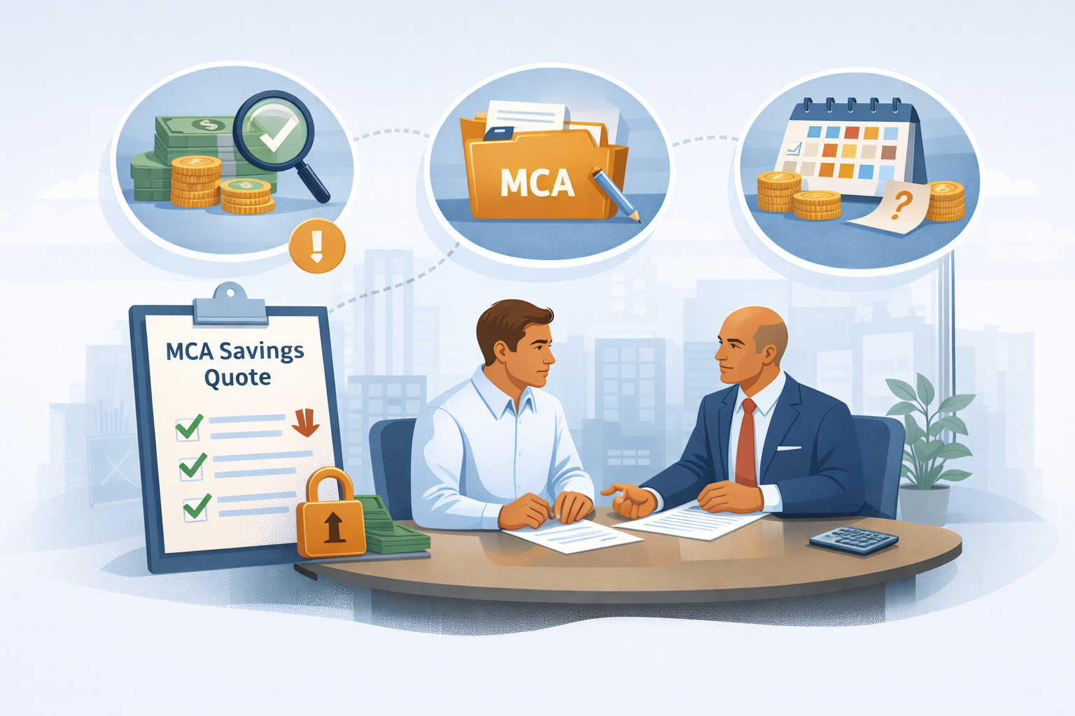 Illustration showing a business owner reviewing an MCA savings quote to evaluate payment reduction options, cash flow sustainability, and potential restructuring paths.