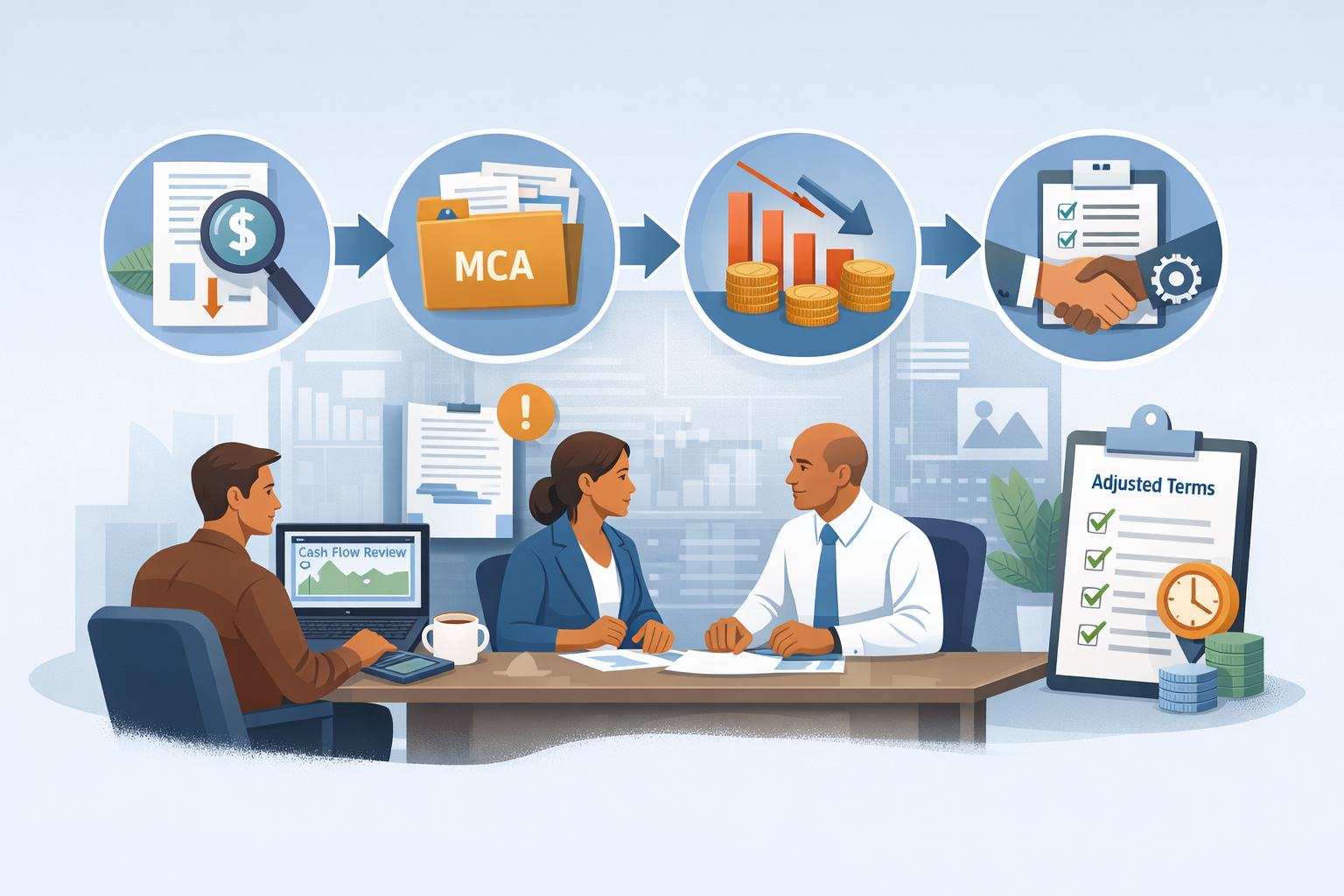 Illustration showing a structured merchant cash advance restructuring process, including cash flow review, evaluation of multiple MCAs, identification of unsustainable daily withdrawals, and agreement on adjusted payment terms.