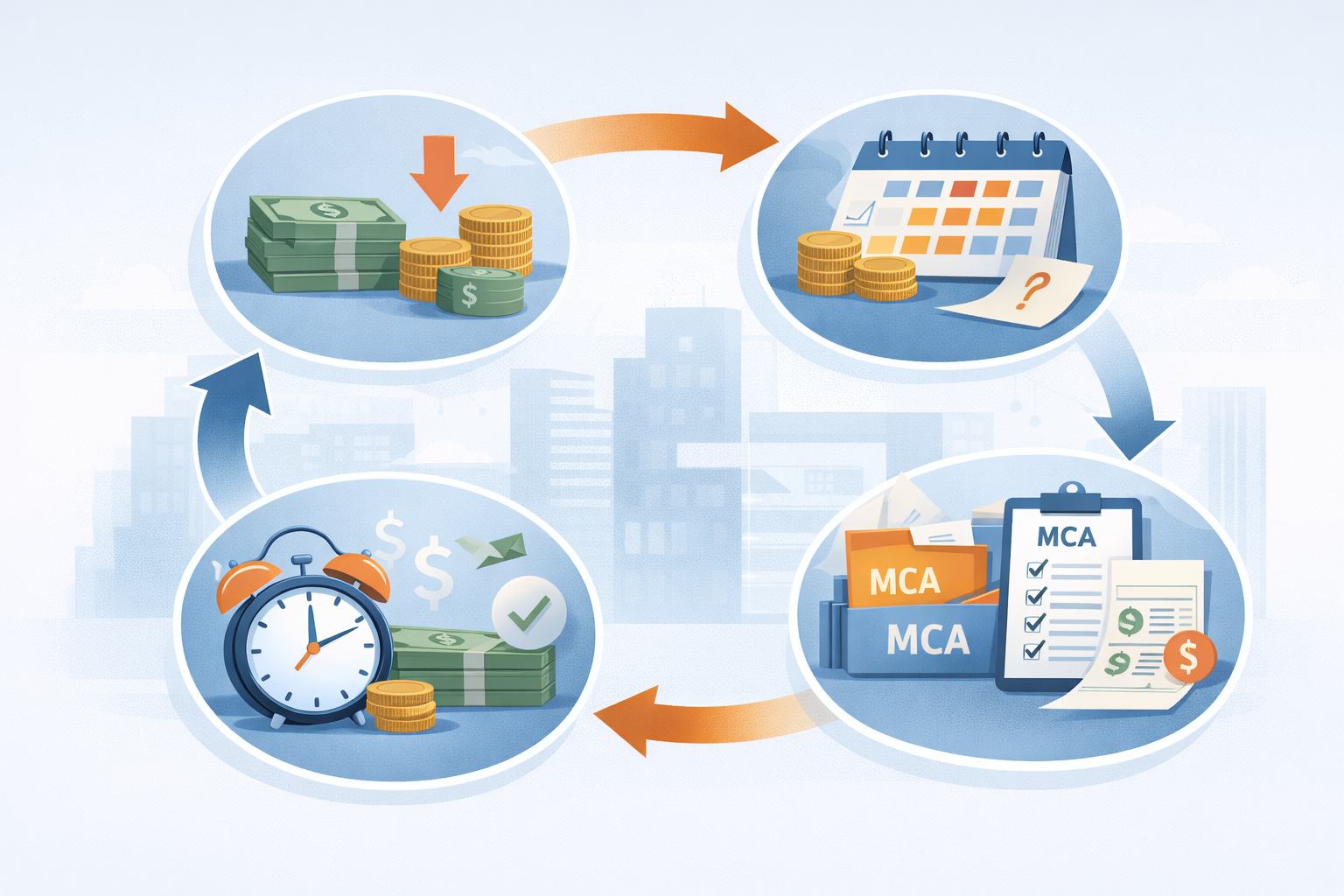 Illustration showing MCA payment reduction options, including lower daily withdrawals, extended repayment timelines, consolidated advances, and adjusted withdrawal timing to improve cash flow predictability.