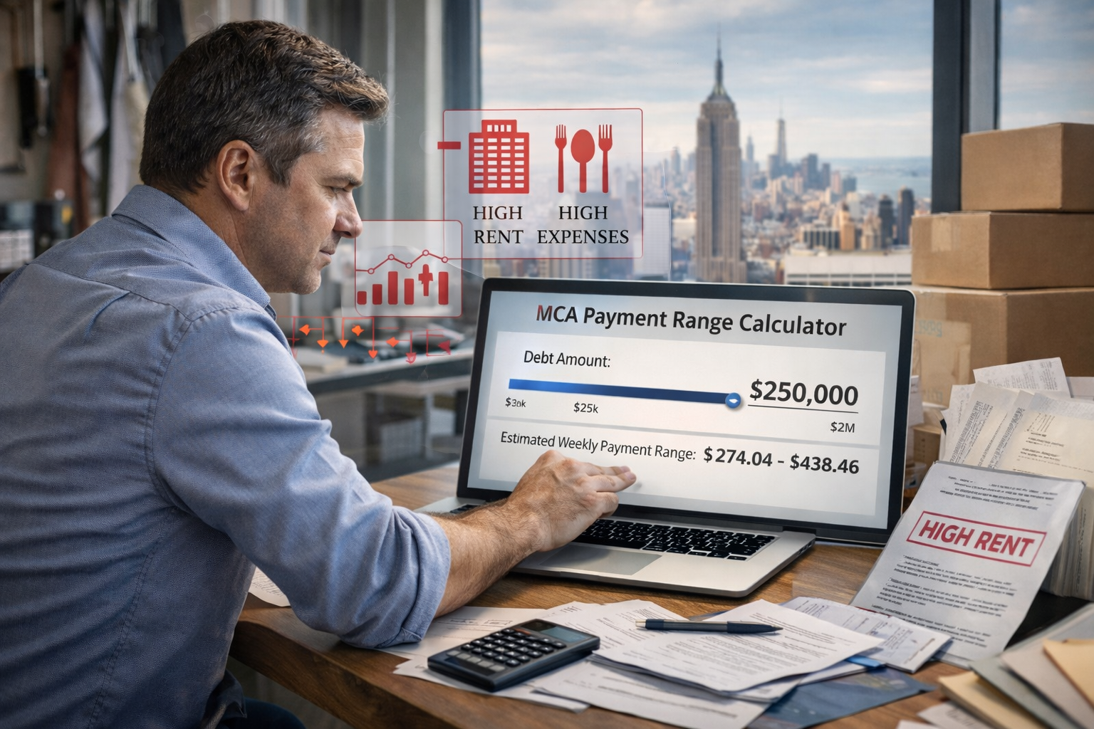 Business owner reviewing merchant cash advance payment estimates using an MCA calculator.