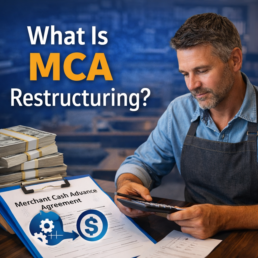 Graphic explaining what MCA restructuring is, showing a small business owner reviewing a merchant cash advance agreement