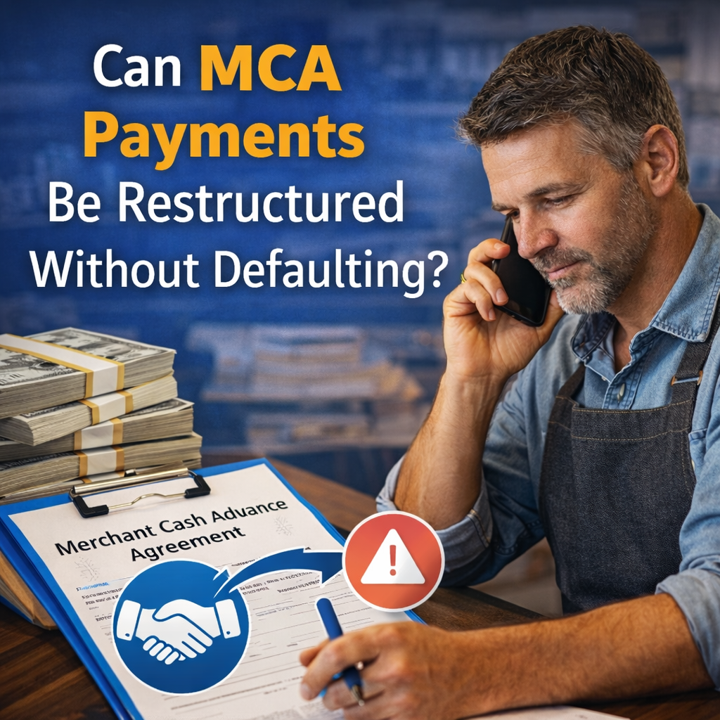 Graphic showing a small business owner reviewing a merchant cash advance agreement while discussing MCA payment restructuring without defaulting