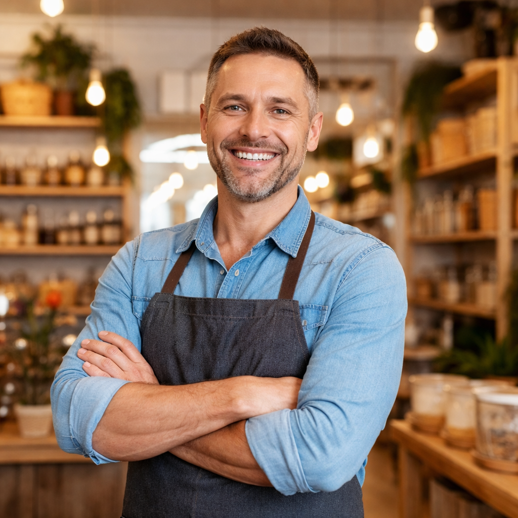 Happy small business owner standing inside their store after successfully negotiating their mca debt