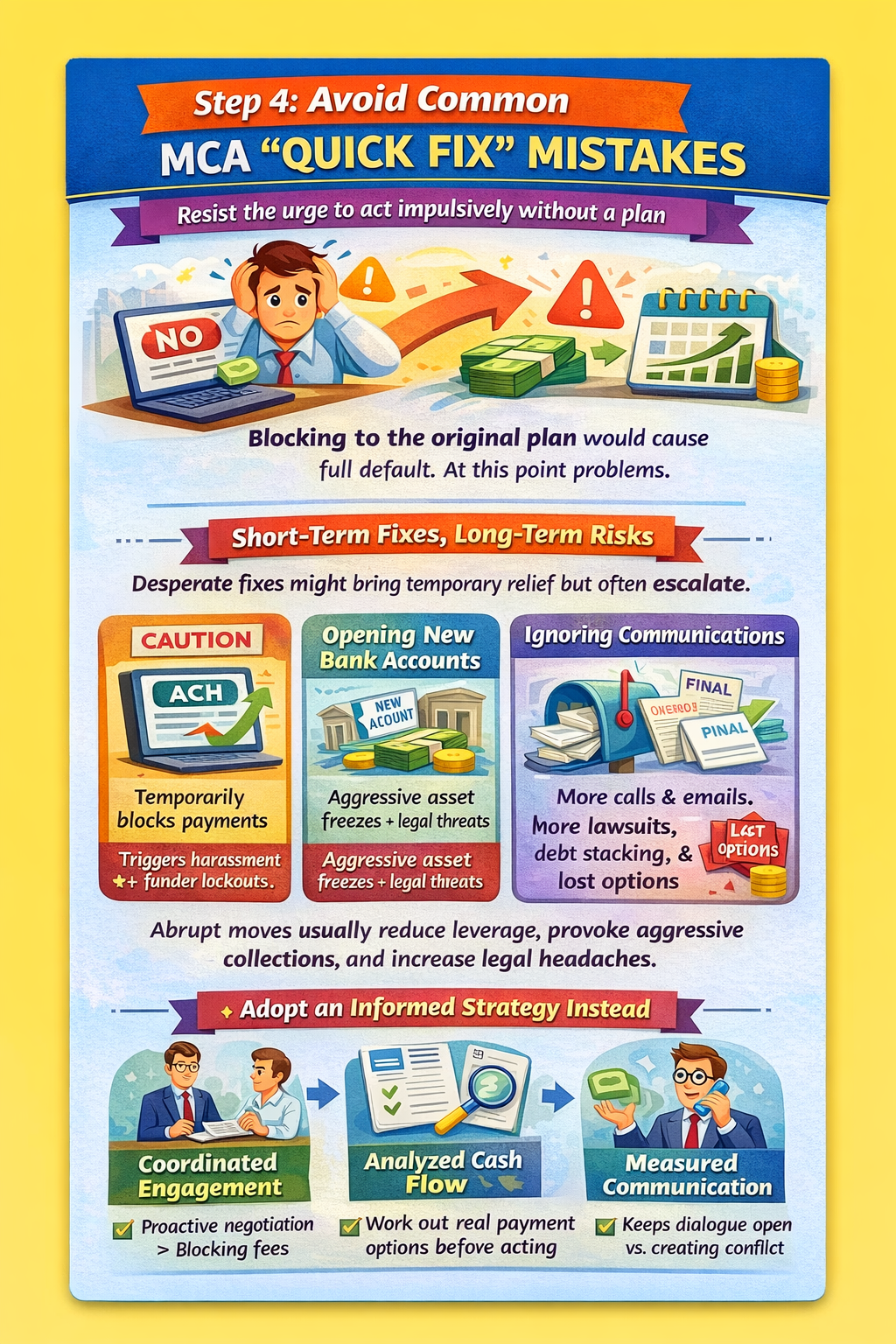 How to get out of MCA loans infographic, step 4 Avoid common MCA quick fix mistakes