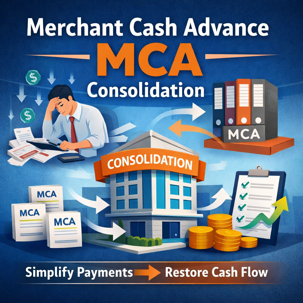 Infographic showing merchant cash advance consolidation Infographic showing merchant cash advance consolidation combining multiple MCA payments into one structured plan to simplify payments and restore business cash flow.