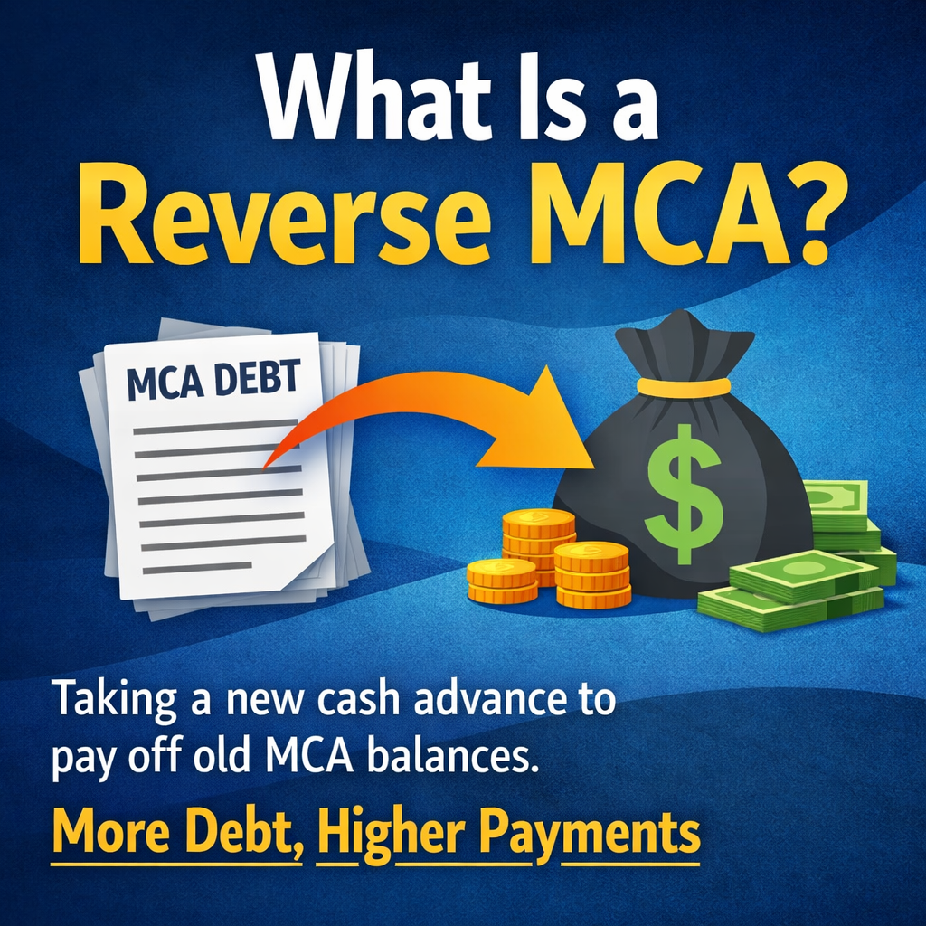 Illustration explaining a reverse MCA where a new merchant cash advance is used to pay off old MCA debt, leading to more debt and higher daily payments.