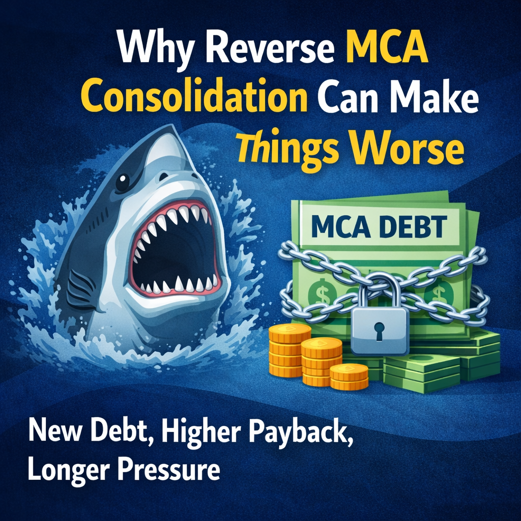 Illustration showing why reverse MCA consolidation can worsen debt, with MCA debt chained to money and a shark symbolizing higher payback and ongoing financial pressure.