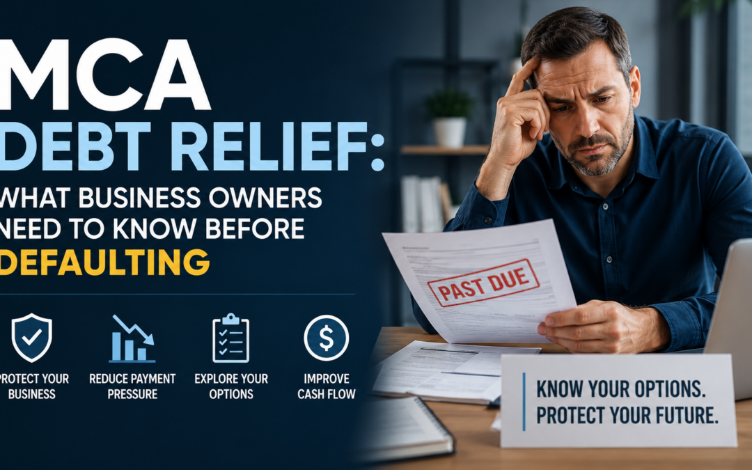MCA debt relief guide showing a business owner reviewing overdue MCA payments before considering default options