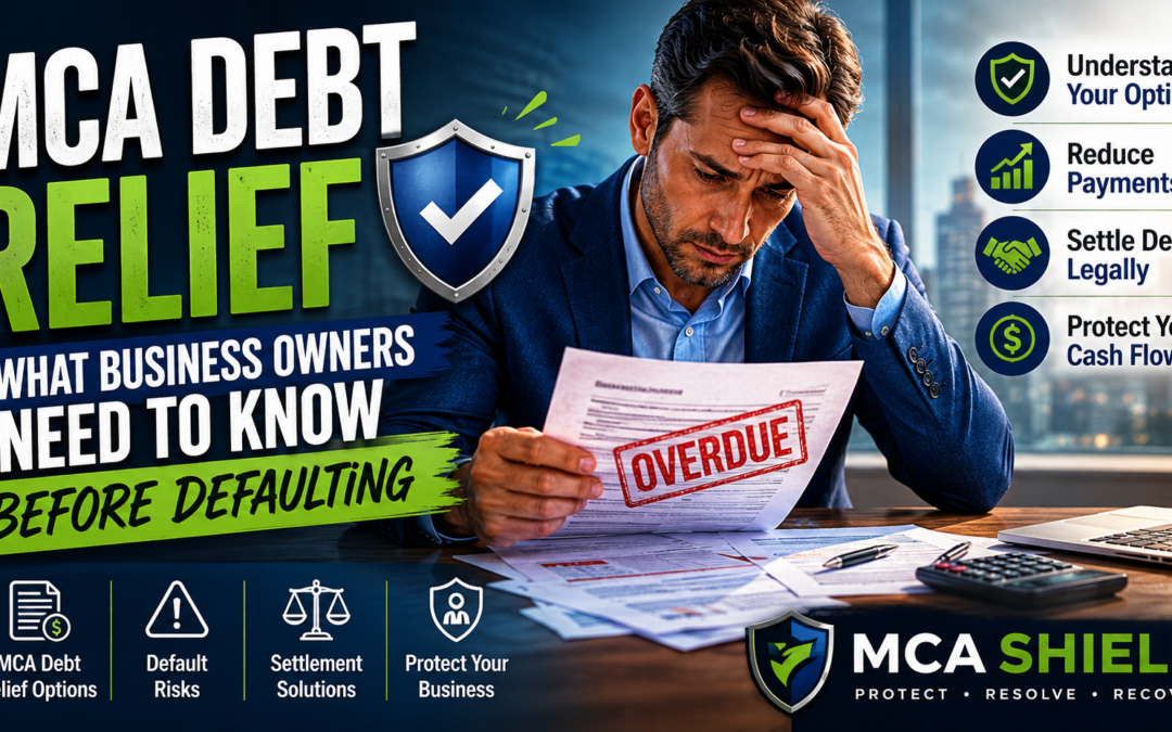 Business owner reviewing overdue merchant cash advance paperwork with MCA debt relief information, financial documents, calculator, and business protection shield illustration.