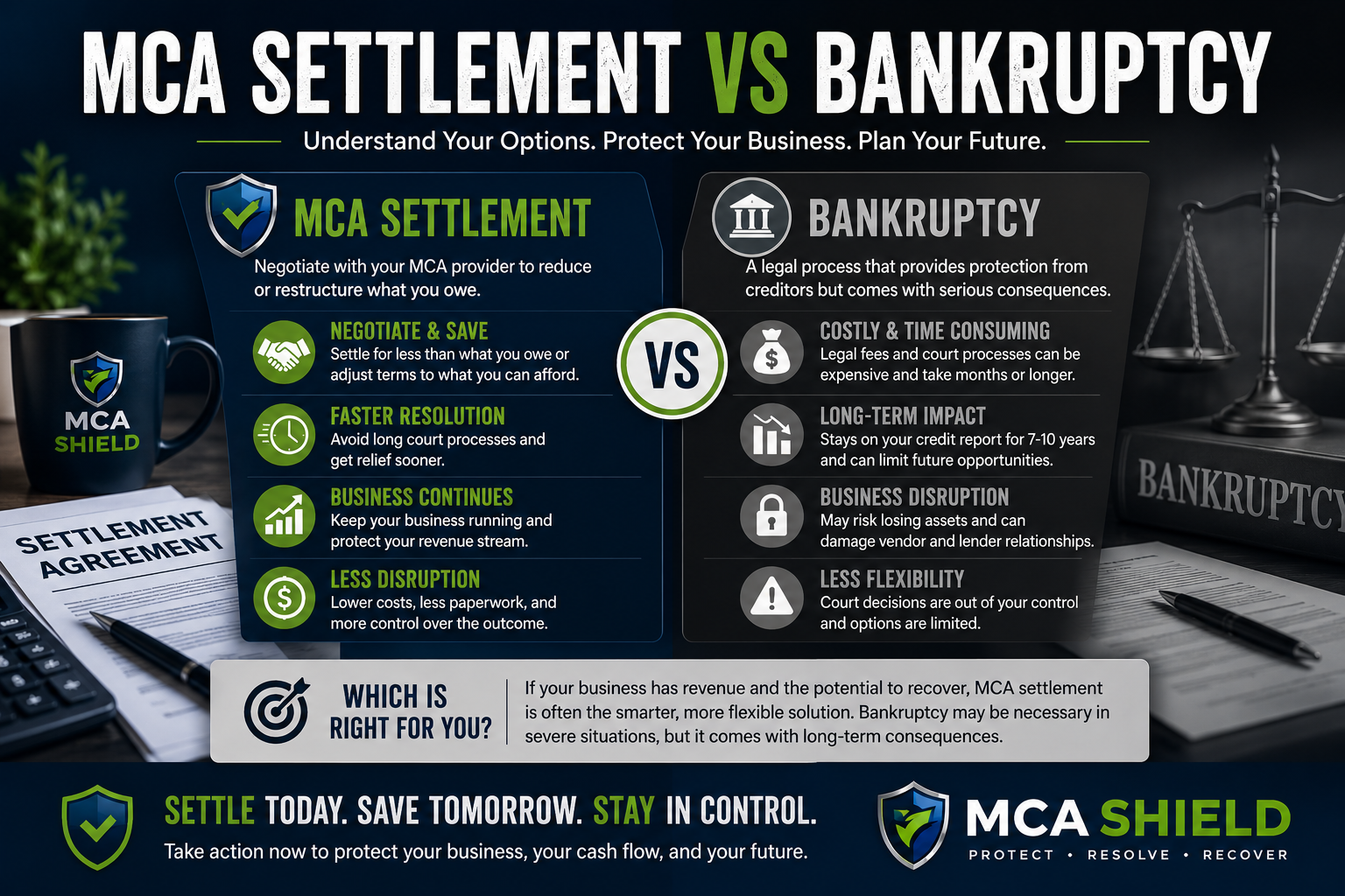 Professional side-by-side comparison infographic titled “MCA Settlement vs Bankruptcy” featuring a bold blue, green, and dark gray financial design. The left side highlights MCA settlement with icons and benefits such as negotiating lower payments, faster resolution, keeping the business operating, and reducing financial disruption. The right side outlines bankruptcy with symbols representing legal action, long-term credit impact, business disruption, and limited flexibility. Office desk elements including settlement documents, a calculator, scales of justice, and financial paperwork reinforce the business debt relief theme, while the MCA Shield logo appears prominently at the bottom emphasizing business protection and financial recovery.
