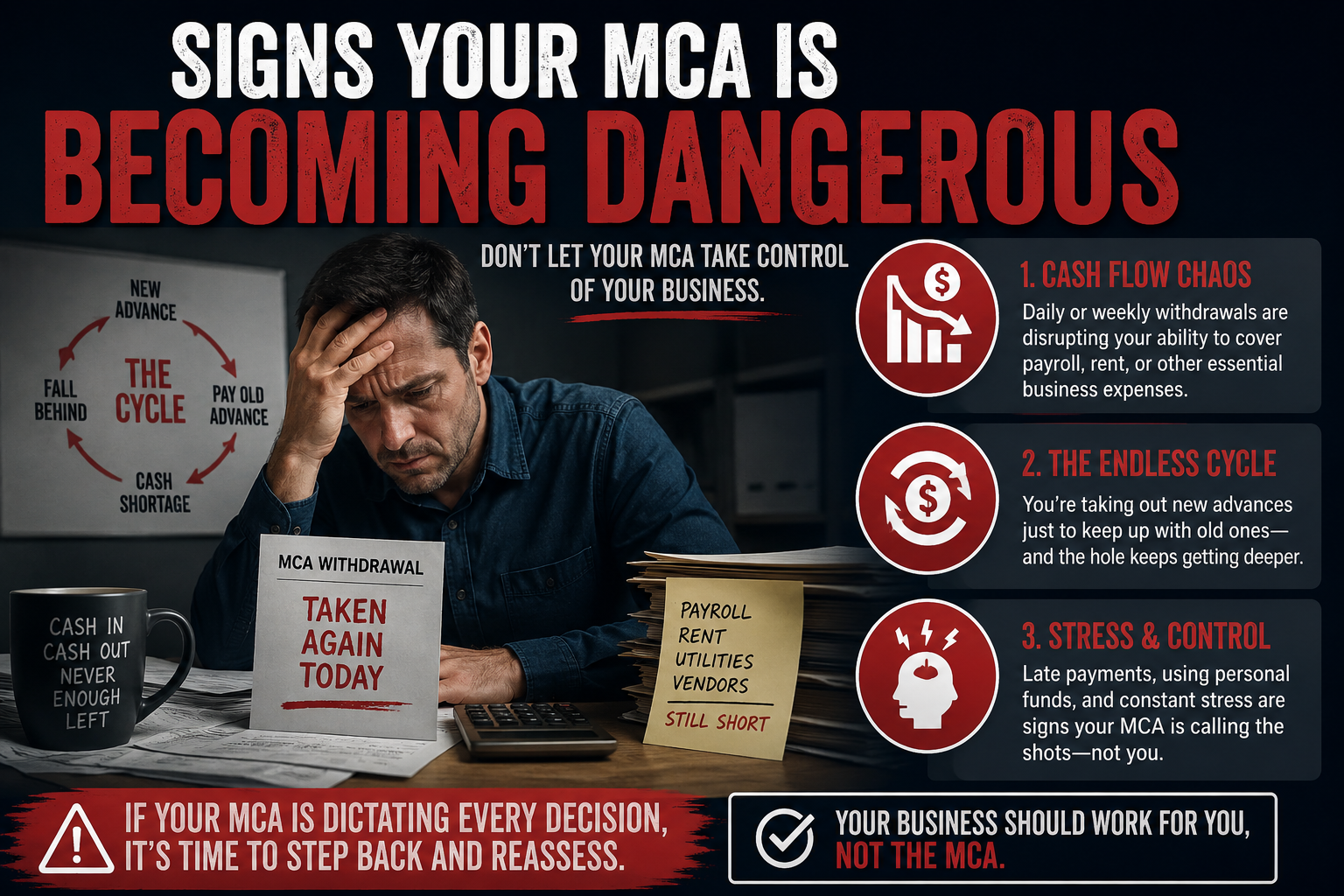  Infographic titled “Signs Your MCA Is Becoming Dangerous” in large white and red bold text on a dark background. A stressed business owner sits at a desk with his head in his hand, surrounded by paperwork, a calculator, and notes showing unpaid expenses like payroll, rent, utilities, and vendors. A circular diagram labeled “The Cycle” shows the repeating loop of cash shortage, falling behind, and taking out a new advance to pay the old one. Three warning signs appear on the right with red icons: Cash Flow Chaos (daily or weekly withdrawals disrupting business expenses), The Endless Cycle (taking new advances to cover old ones), and Stress & Control (late payments, using personal funds, and constant financial pressure). A red warning banner at the bottom reads: “If your MCA is dictating every decision, it’s time to step back and reassess.” Another callout says: “Your business should work for you, not the MCA.”<br />
