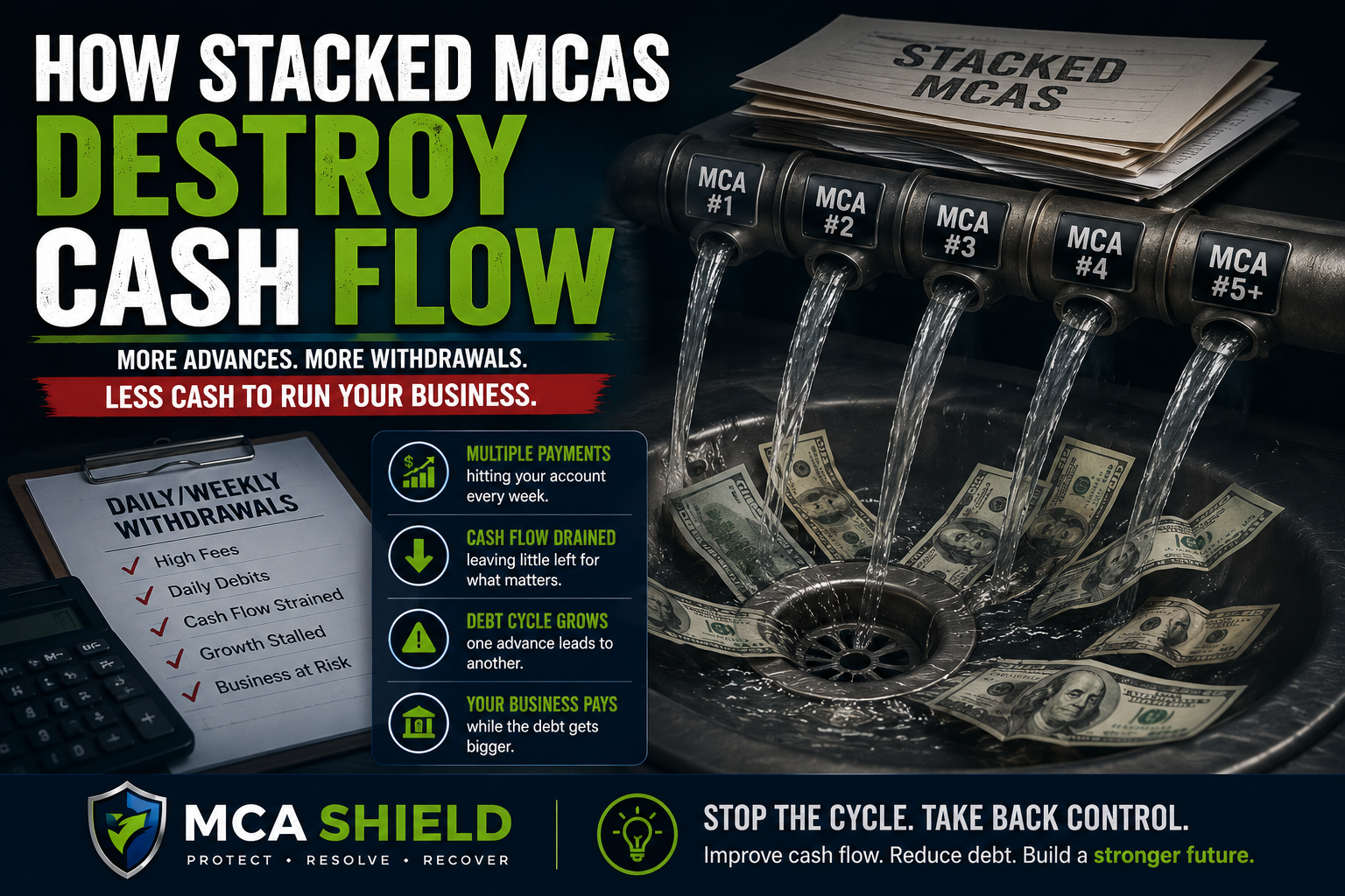 Professional infographic illustrating how stacked Merchant Cash Advances damage business cash flow. The image features bold green and white text reading “How Stacked MCAs Destroy Cash Flow” alongside a dramatic visual of multiple labeled MCA payment streams draining money into a sink, symbolizing cash being pulled out of a business. Supporting graphics include a checklist of daily and weekly withdrawals, financial warning icons, and key risks such as multiple payments, drained cash flow, growing debt cycles, and stalled business growth. The dark blue and green branded design includes the MCA Shield logo and emphasizes breaking the cycle to regain financial control.