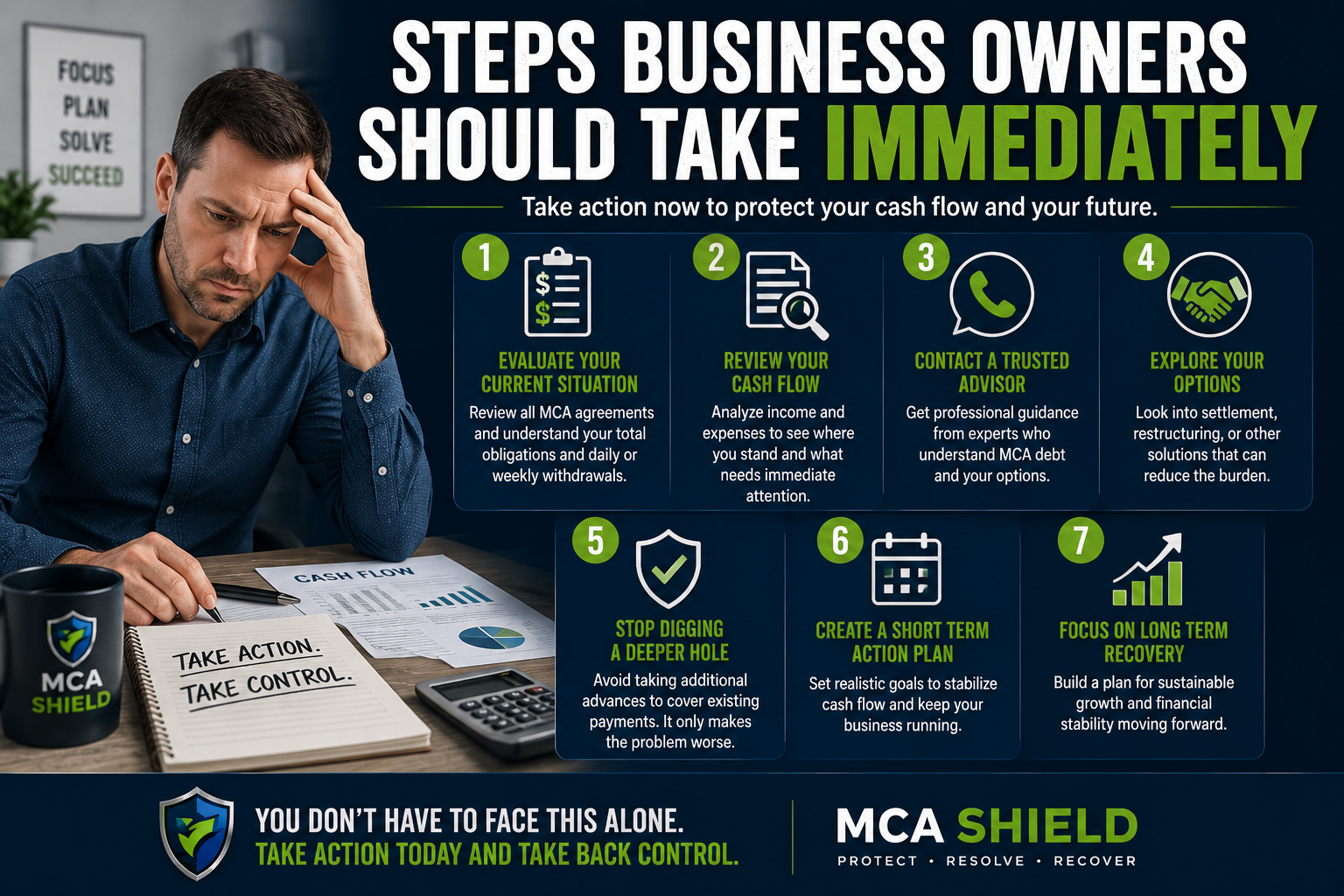 Steps business owners should take immediately infographic showing actionable MCA debt relief strategies for companies facing cash flow problems. The professional business finance graphic features a stressed business owner reviewing financial documents alongside key recovery steps including evaluating MCA agreements, reviewing cash flow, contacting a trusted advisor, exploring debt settlement options, avoiding additional advances, creating a short-term action plan, and focusing on long-term business recovery. Designed with bold blue and green branding, financial icons, and the MCA Shield logo, the image highlights immediate steps to regain control of merchant cash advance debt and stabilize business finances.