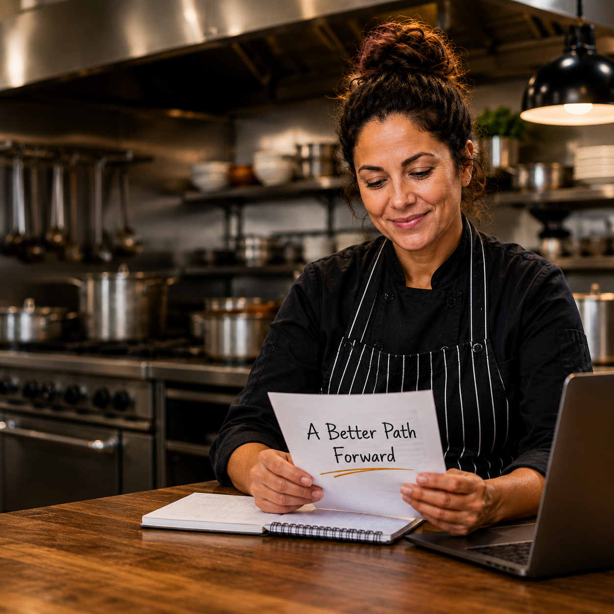 Restaurant owner/chef sitting in a commercial kitchen reviewing a document labeled "A Better Path Forward." The image shows a hopeful business owner exploring MCA debt relief options, with a laptop, notebook, and professional kitchen equipment in the background, symbolizing financial recovery and a stronger future for the business.