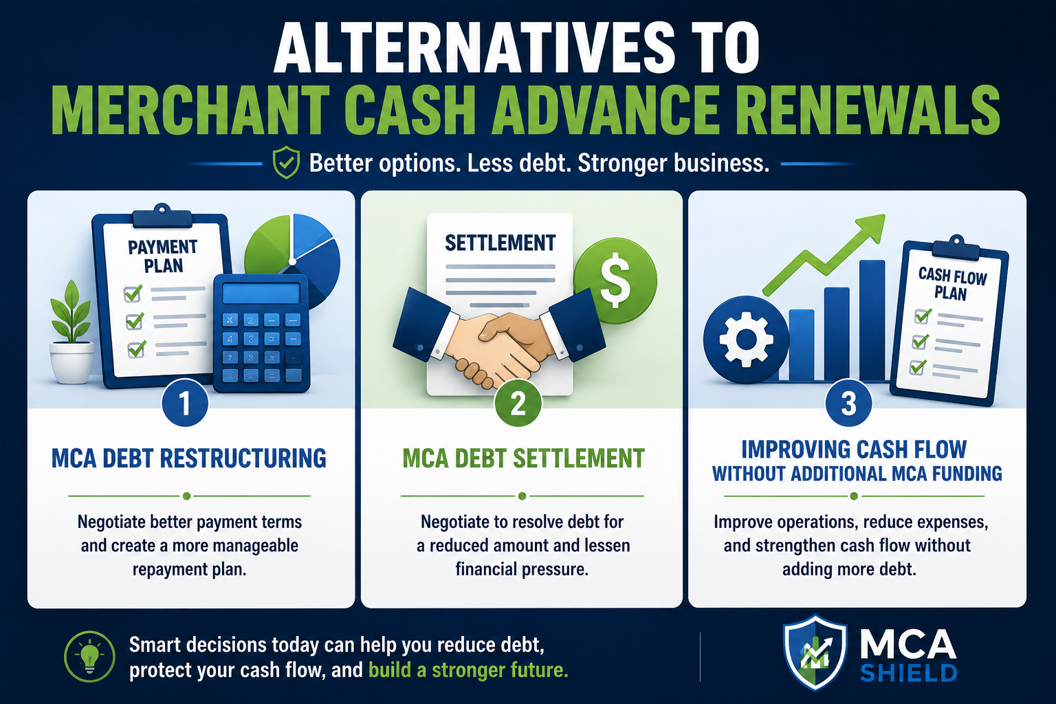 Infographic highlighting alternatives to Merchant Cash Advance renewals, including MCA debt restructuring, MCA debt settlement, and improving cash flow without taking on additional MCA funding.