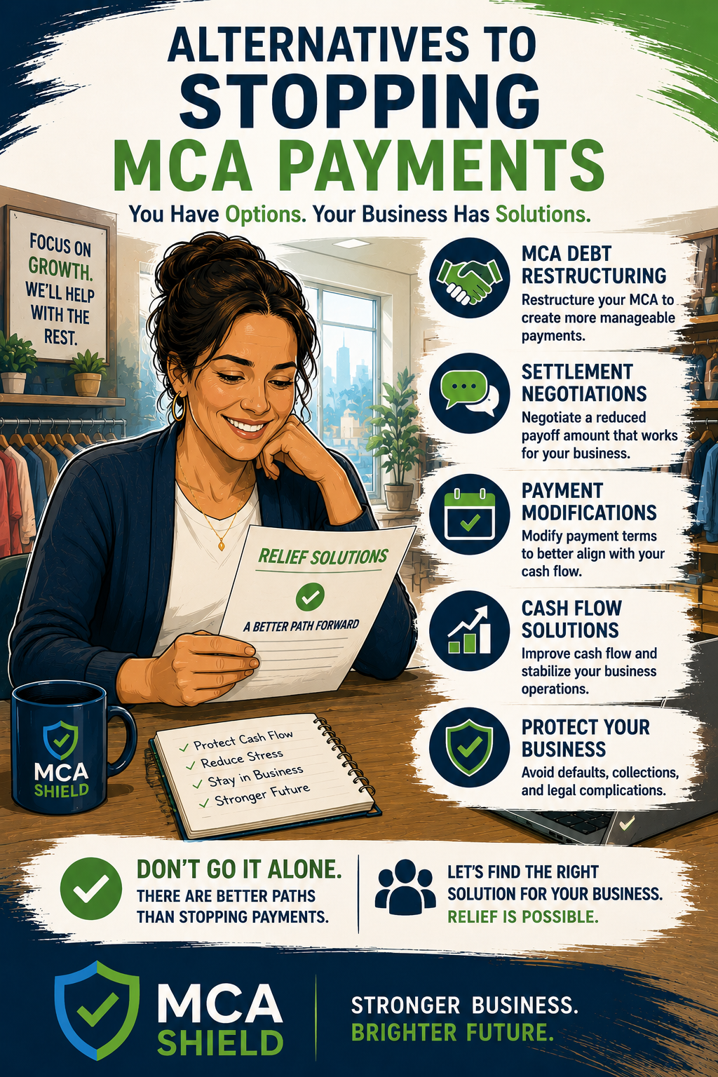 Illustrated retail business owner reviewing MCA relief options with a positive expression, alongside graphics highlighting debt restructuring, settlement negotiations, payment modifications, and cash flow solutions, with MCA Shield branding.