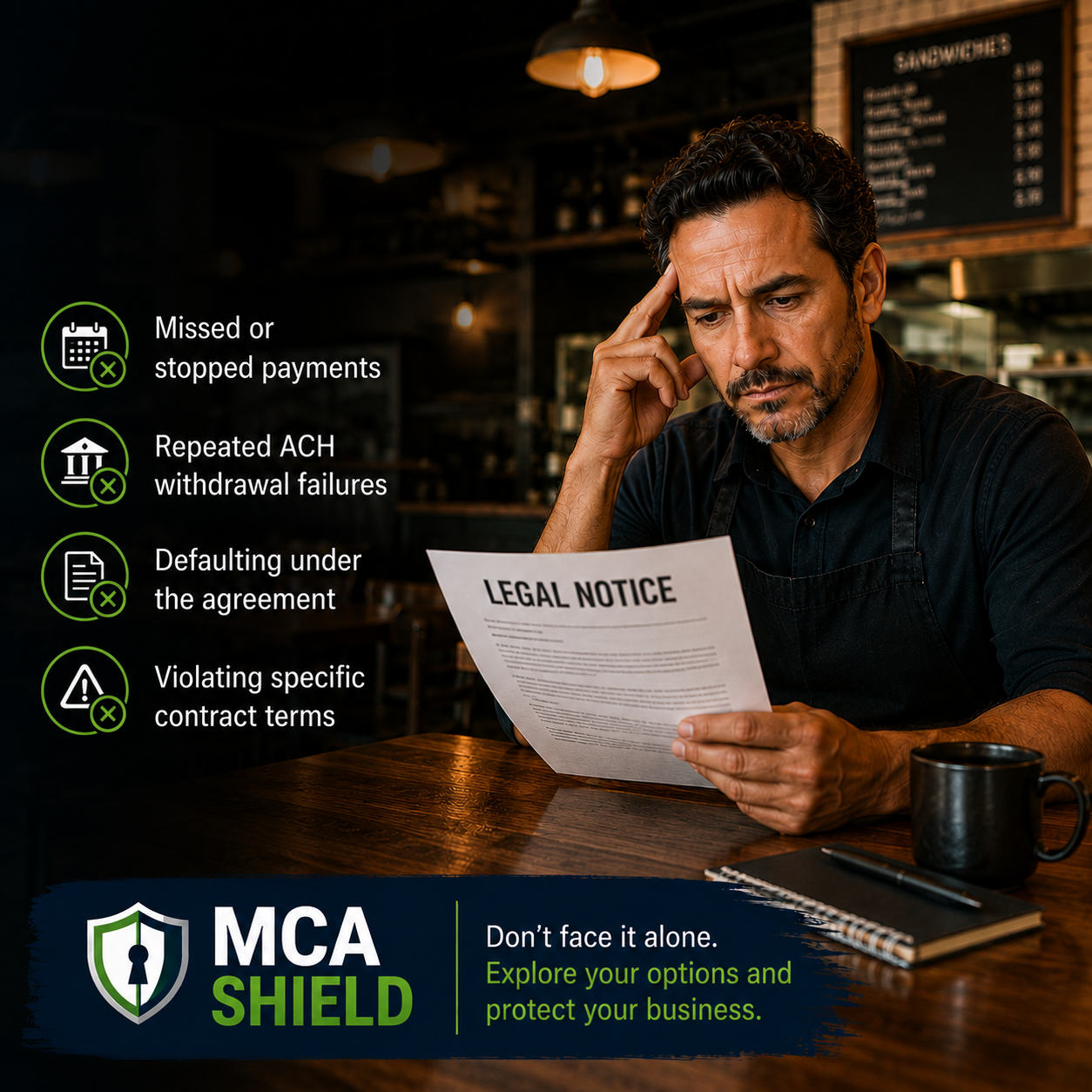 Restaurant owner reviewing a legal notice while facing potential MCA default issues, with icons highlighting missed payments, ACH withdrawal failures, contract violations, and Merchant Cash Advance debt relief options.