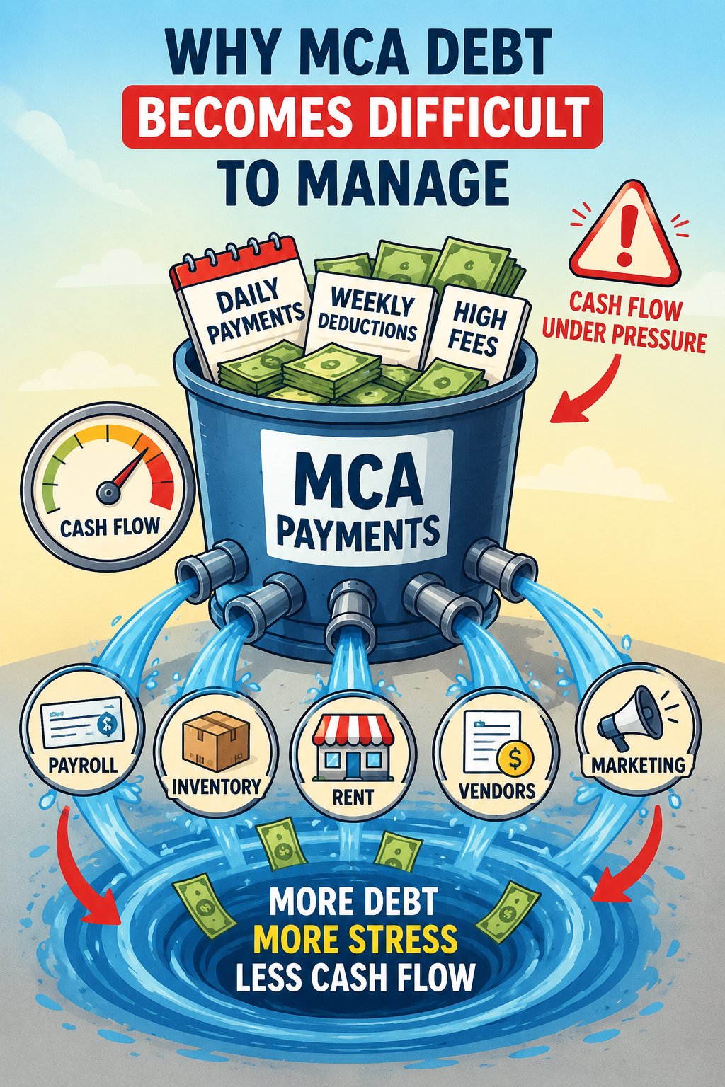 Colorful cartoon infographic showing MCA payments draining cash flow through daily deductions, high fees, and growing debt pressure.