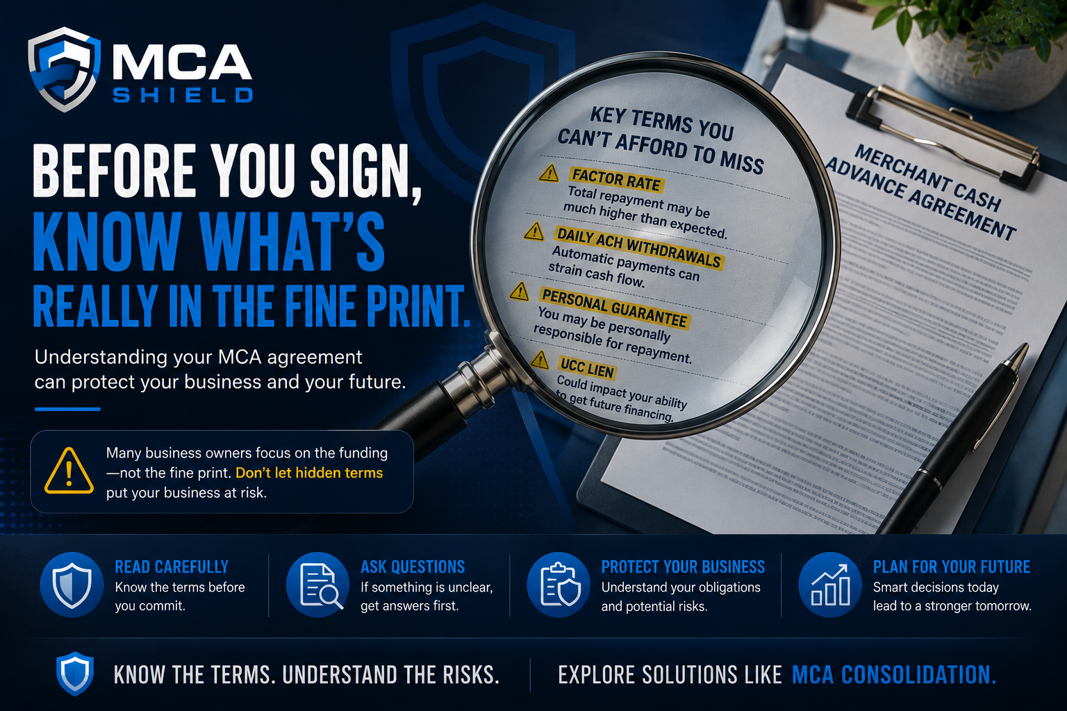 Close-up of a merchant cash advance agreement under a magnifying glass highlighting important contract terms, including factor rates, daily ACH withdrawals, personal guarantees, and UCC liens, encouraging business owners to review MCA agreements before signing.