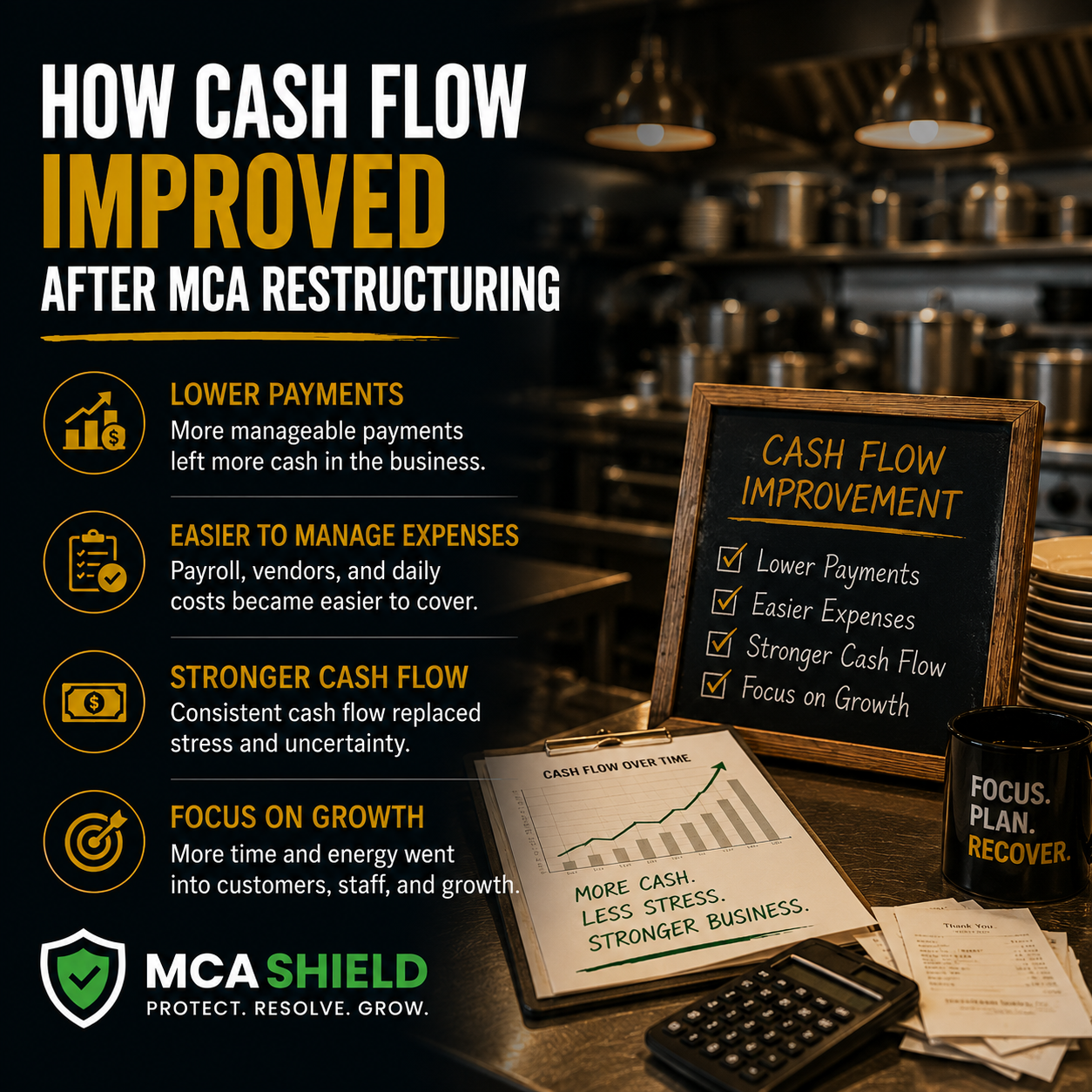 Restaurant cash flow improvement infographic showing stronger cash flow, lower payments, easier expense management, and business growth after MCA restructuring.