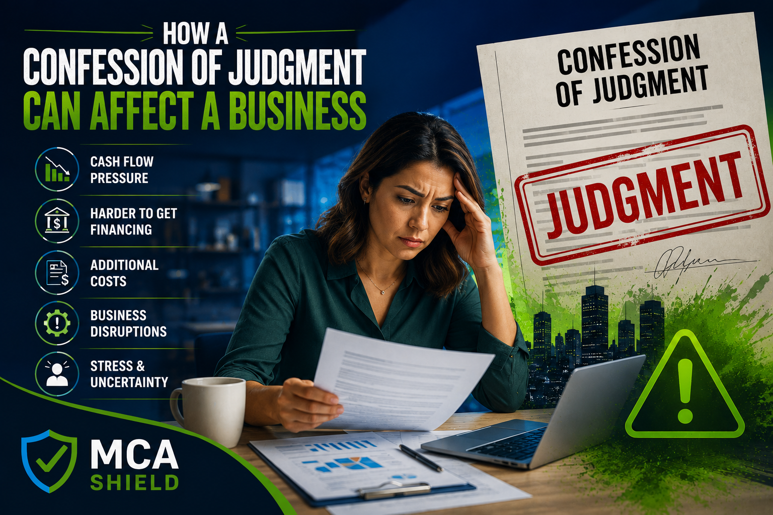 Horizontal infographic illustrating a Confessions of Judgment in MCA Agreements