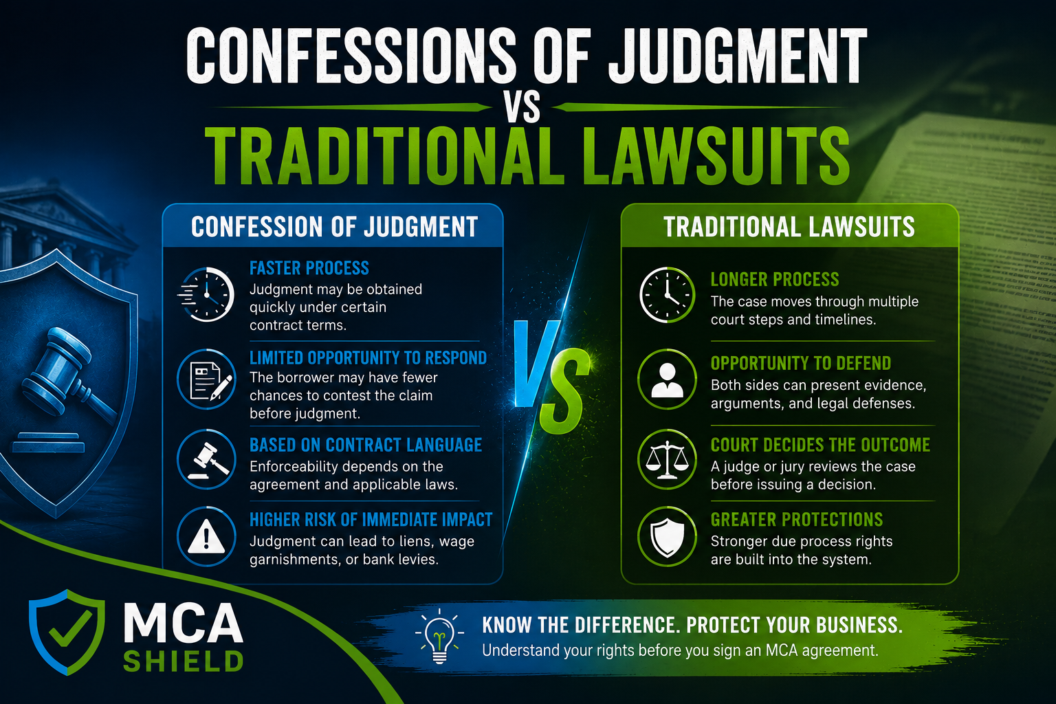 Horizontal infographic 2 comparing a Confessions of Judgment in MCA Agreements