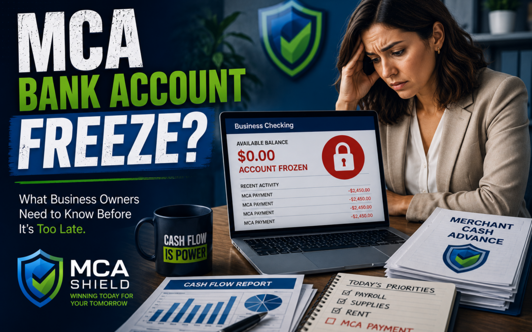Concerned female business owner reviewing a business checking account showing an account frozen warning and zero balance while dealing with merchant cash advance payment pressure. The image illustrates the risk of an MCA bank account freeze and business cash flow disruption.