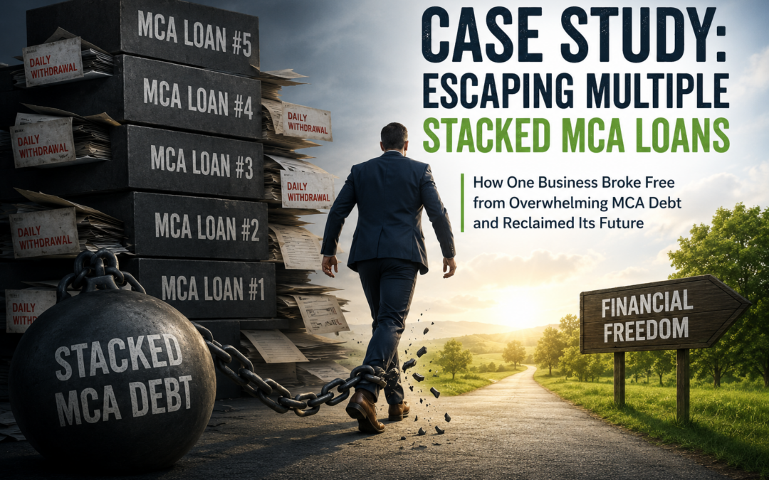 Business owner breaking free from multiple stacked MCA loans with chains snapping, daily withdrawal notices, and a path toward financial freedom representing merchant cash advance debt relief and MCA restructuring solutions.
