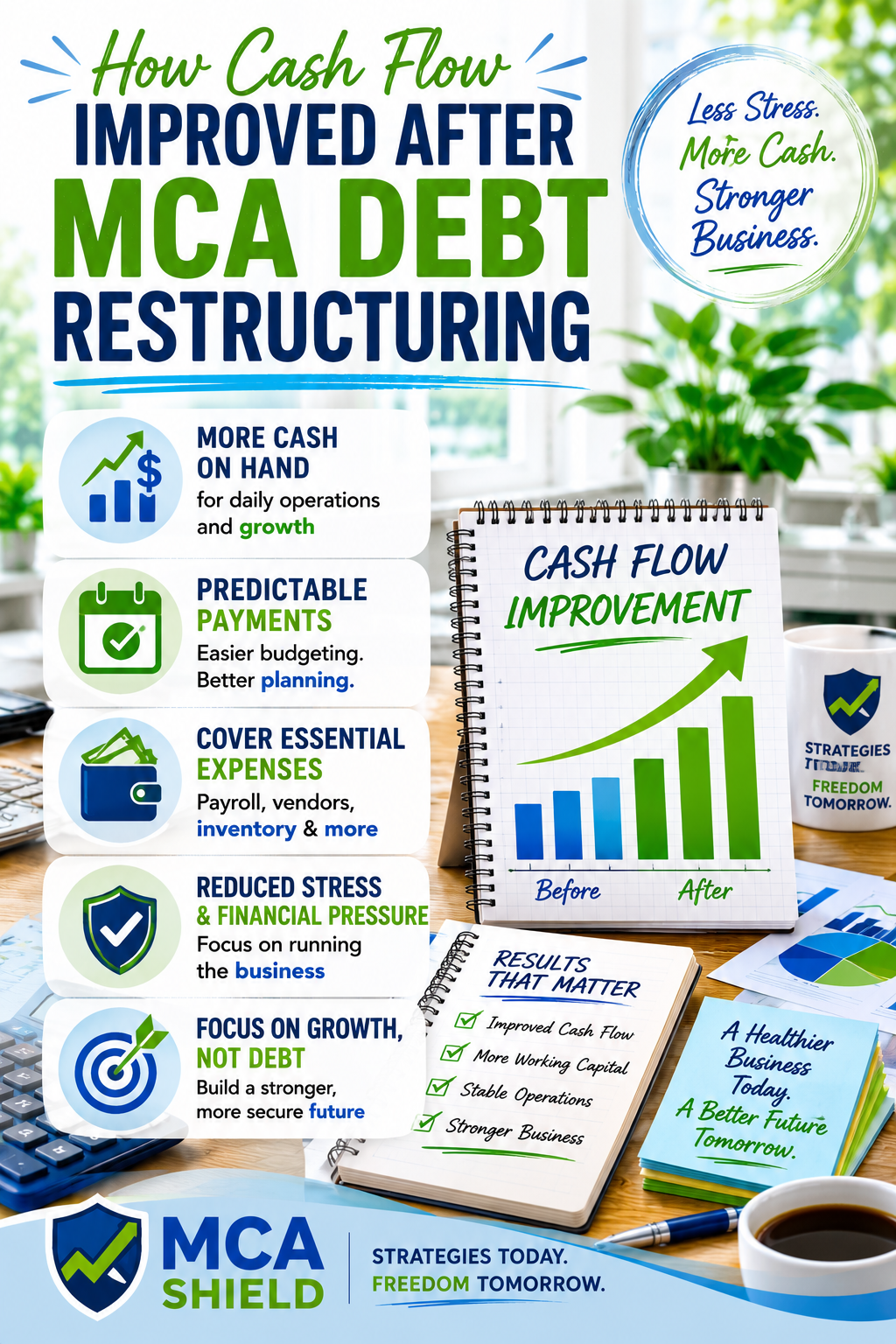 Infographic illustrating how cash flow improved after MCA debt restructuring. Bright pastel graphics show increasing cash flow, stronger working capital, predictable payments, reduced financial pressure, and improved business stability. Charts, financial icons, and the MCA Shield logo reinforce the benefits of a structured multi-MCA debt resolution strategy.
