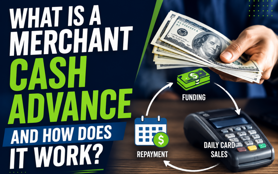 What is a merchant cash advance and how it works infographic showing MCA funding and repayment process.