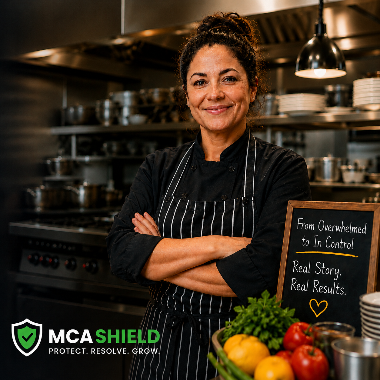 Restaurant owner standing confidently in a commercial kitchen with MCA Shield branding and a chalkboard message symbolizing MCA debt relief, business recovery, and improved cash flow.