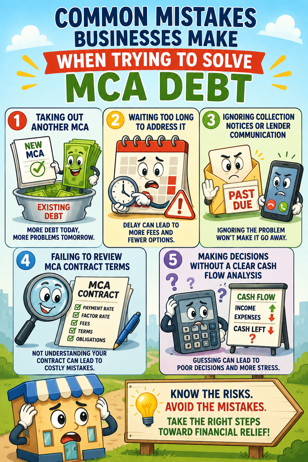 Colorful cartoon infographic showing common mistakes businesses make when trying to solve MCA debt, including taking another MCA, waiting too long, ignoring notices, and poor cash flow planning.