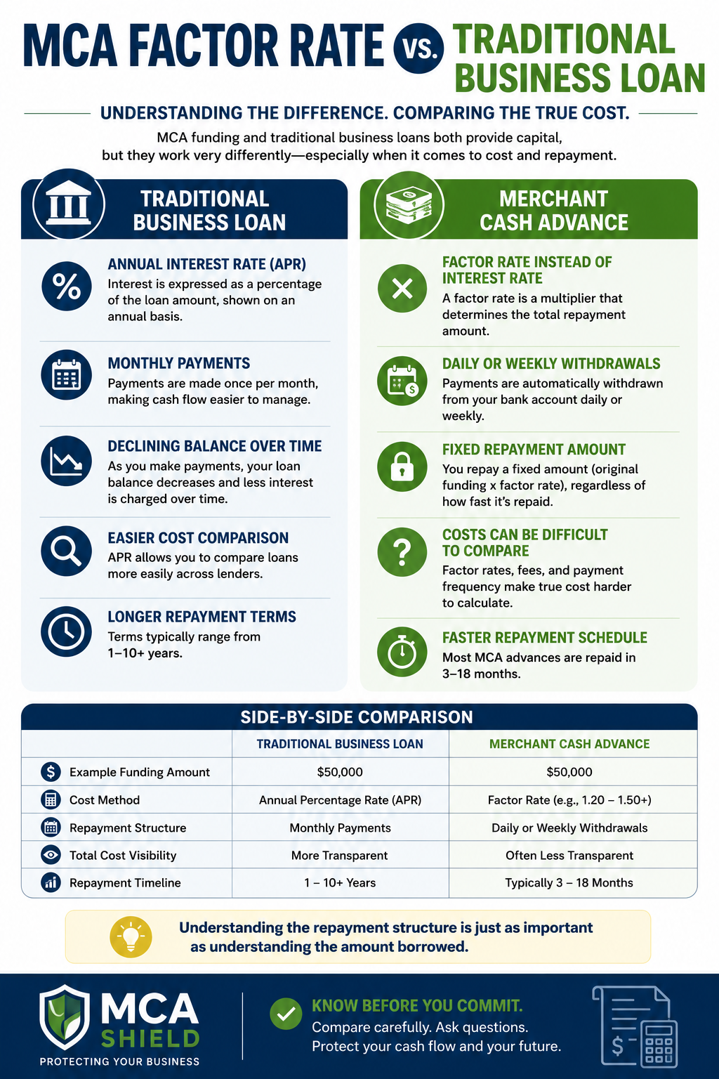 infographic comparing MCA factor rates and traditional business loans, highlighting differences in repayment structure, cost calculation, payment frequency, transparency, and repayment timelines to help business owners understand the true cost of funding.