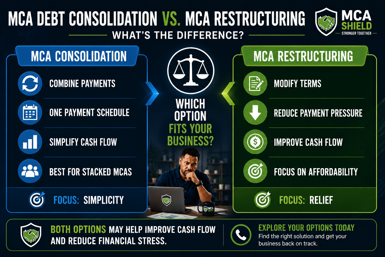 MCA debt consolidation vs MCA restructuring comparison chart explaining Merchant Cash Advance relief options for businesses struggling with cash flow and repayment obligations.