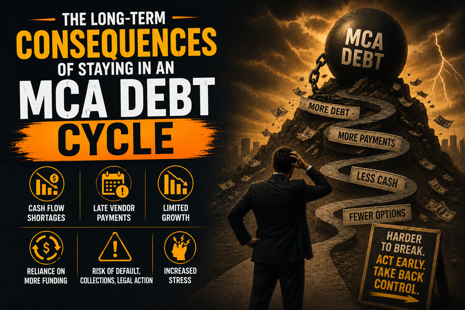 Infographic illustrating the long-term consequences of an MCA debt cycle, including cash flow shortages, more debt, limited growth, higher stress, and fewer financial options for businesses.