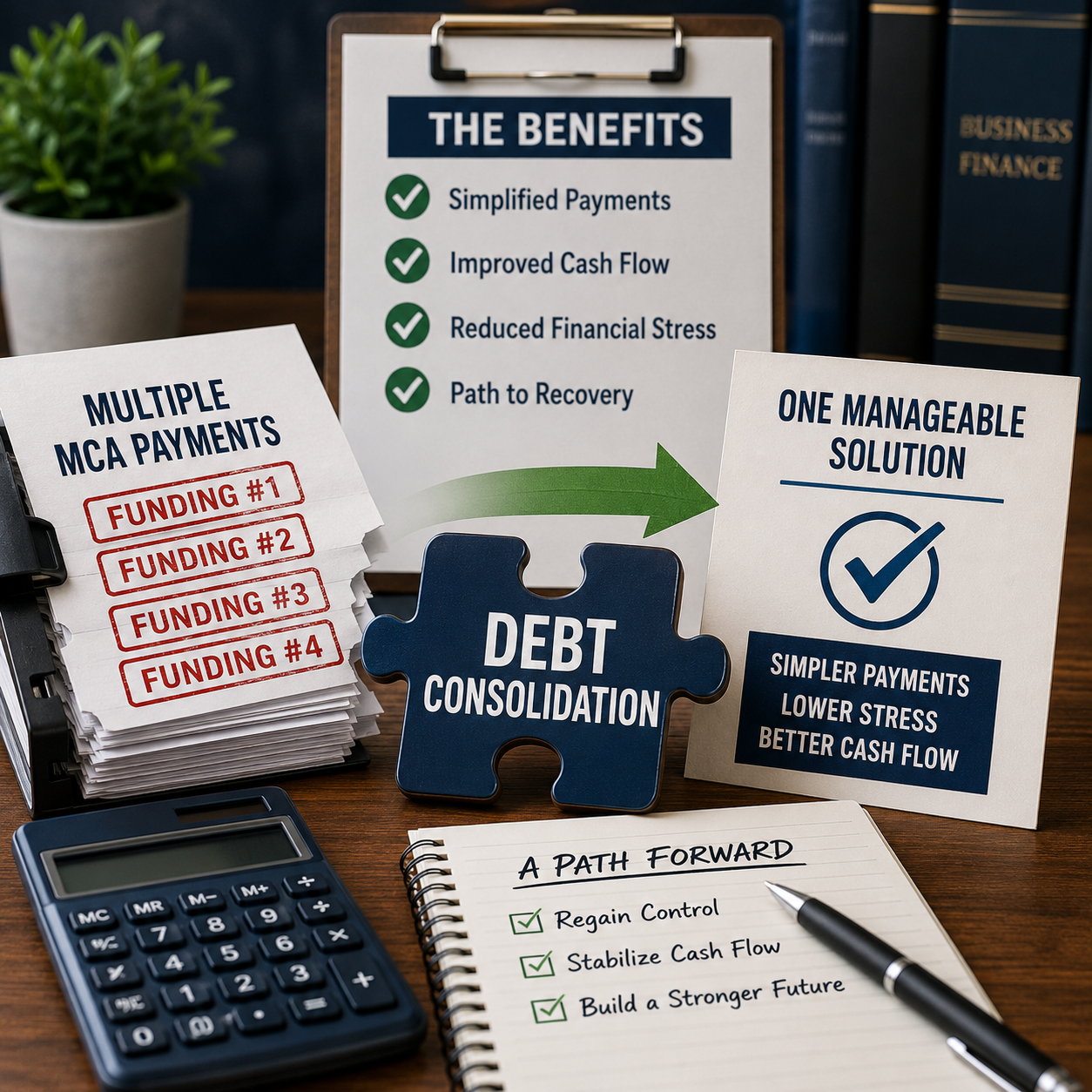 Merchant cash advance debt consolidation illustration showing multiple MCA payments combined into one manageable solution, with financial documents, calculator, checklist, and business recovery planning focused on improving cash flow and reducing debt pressure.