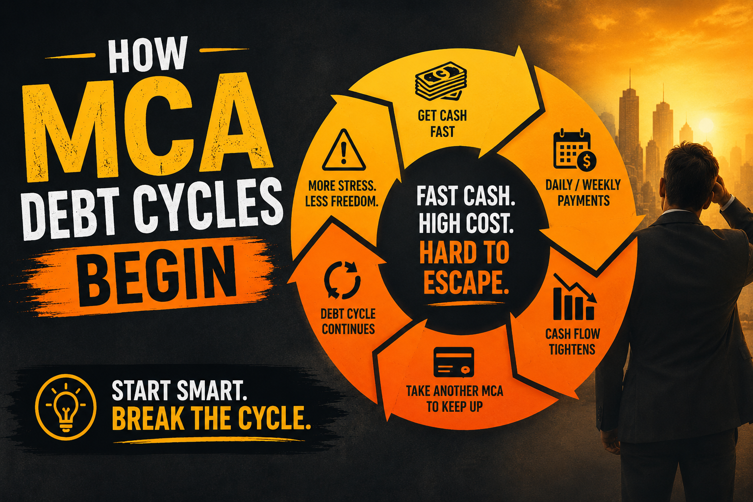 MCA debt cycle infographic showing how fast cash, high costs, daily payments, and cash flow challenges can trap businesses in a cycle of recurring MCA debt.
