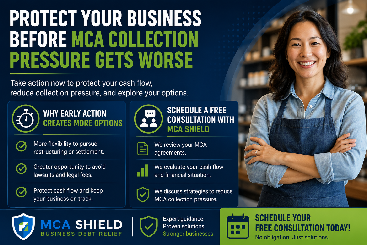 Business owner smiling confidently beside information encouraging early action to reduce MCA collection pressure and schedule a free consultation with MCA Shield.