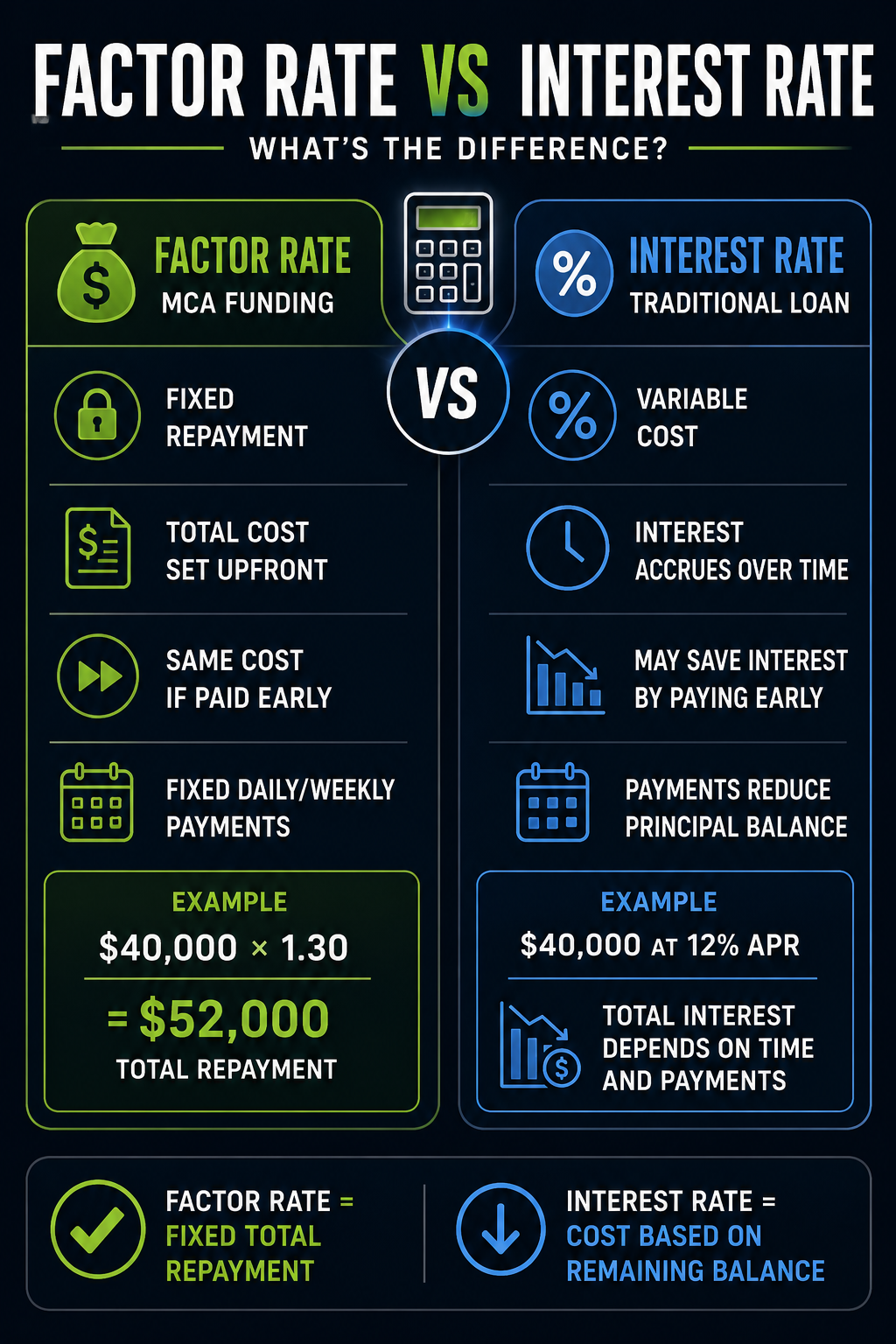 Factor rate vs interest rate comparison chart showing MCA financing costs, fixed repayment amounts, traditional loan interest calculations, and the true cost of Merchant Cash Advance funding.