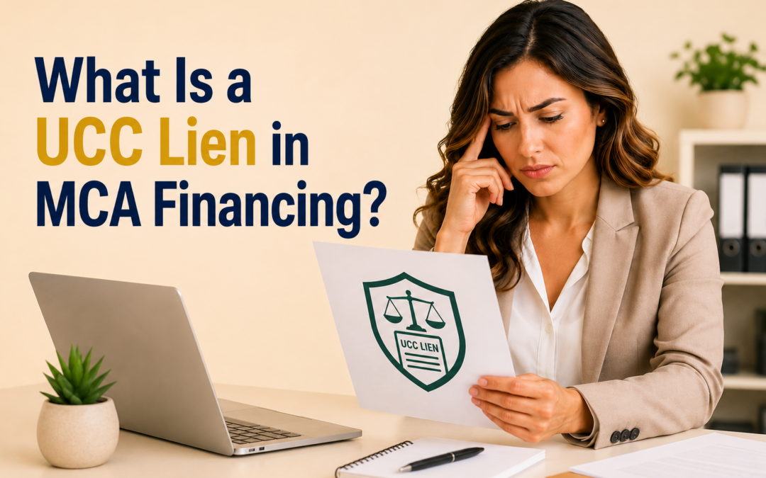 Featured image for an article about UCC liens in MCA financing. A concerned female business owner sits at her desk reviewing a document displaying a UCC lien shield icon while working on her laptop. The image features a warm beige background and the headline "What Is a UCC Lien in MCA Financing?" to illustrate how UCC filings can affect businesses seeking funding and managing MCA debt.