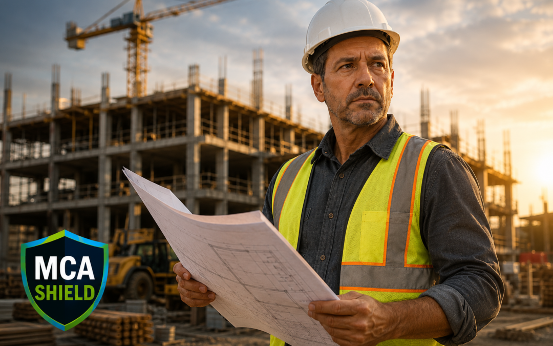 Featured image showing a construction company owner wearing a hard hat and safety vest while reviewing blueprints at an active construction site. Cranes and a partially completed building appear in the background, with the MCA Shield logo displayed in the lower left corner.