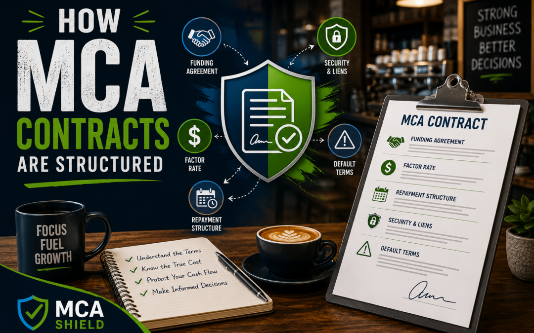 Horizontal featured image for "How MCA Contracts Are Structured" showing a coffee shop-inspired business setting with an MCA contract on a clipboard, financial icons representing funding agreements, factor rates, repayment structures, UCC liens, and default terms. The design uses MCA Shield's blue and green color scheme, includes the MCA Shield logo in the lower left corner, and emphasizes understanding MCA contract provisions before signing.