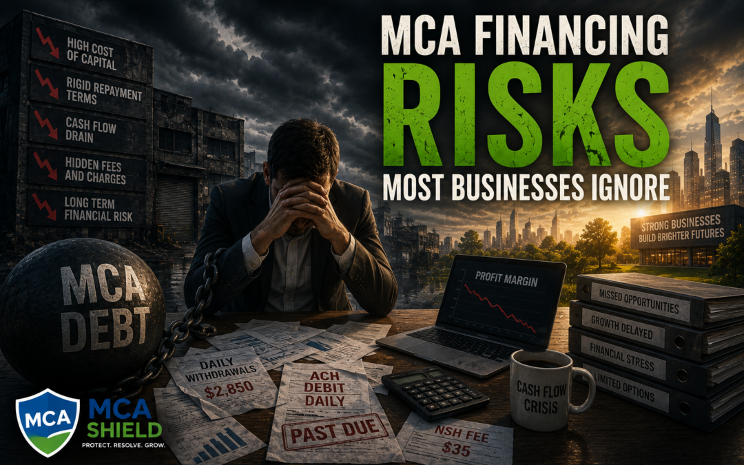 Dramatic featured image for “MCA Financing Risks Most Businesses Ignore” showing a stressed business owner surrounded by financial documents, daily ACH withdrawal notices, declining profit charts, and MCA debt burdens. Dark storm clouds and a distressed business environment contrast with a brighter future in the background, symbolizing the hidden risks of MCA financing, cash flow strain, mounting debt, and missed growth opportunities. MCA Shield logo appears in the lower left corner.