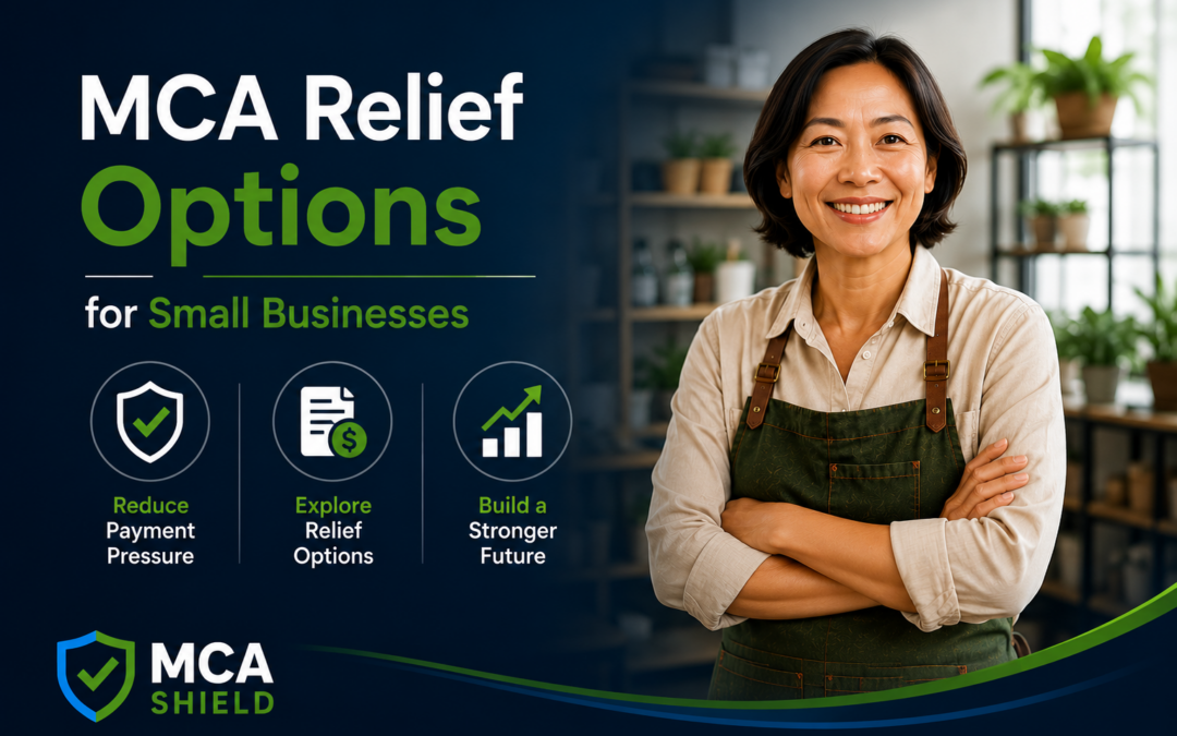 Featured image for MCA Relief Options for Small Businesses showing a confident small business owner with icons representing reduced payment pressure, MCA relief options, and stronger financial growth.