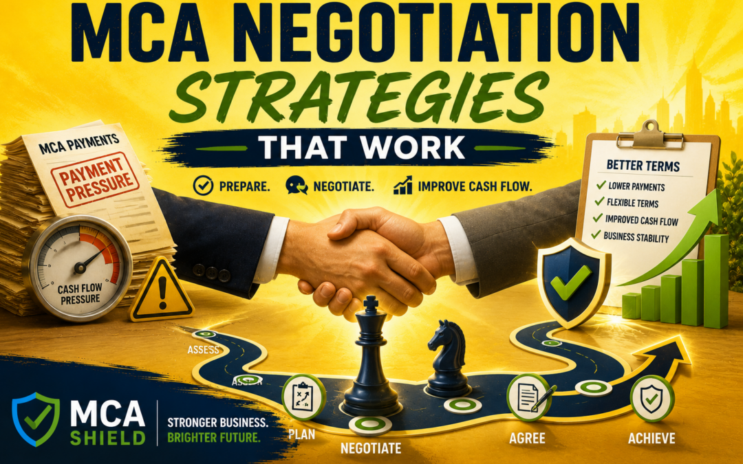 Featured infographic illustrating Merchant Cash Advance negotiation strategies, with a handshake symbolizing successful negotiations, a roadmap from payment pressure to better terms, cash flow improvement graphics, and MCA Shield branding in a yellow-and-blue business theme.