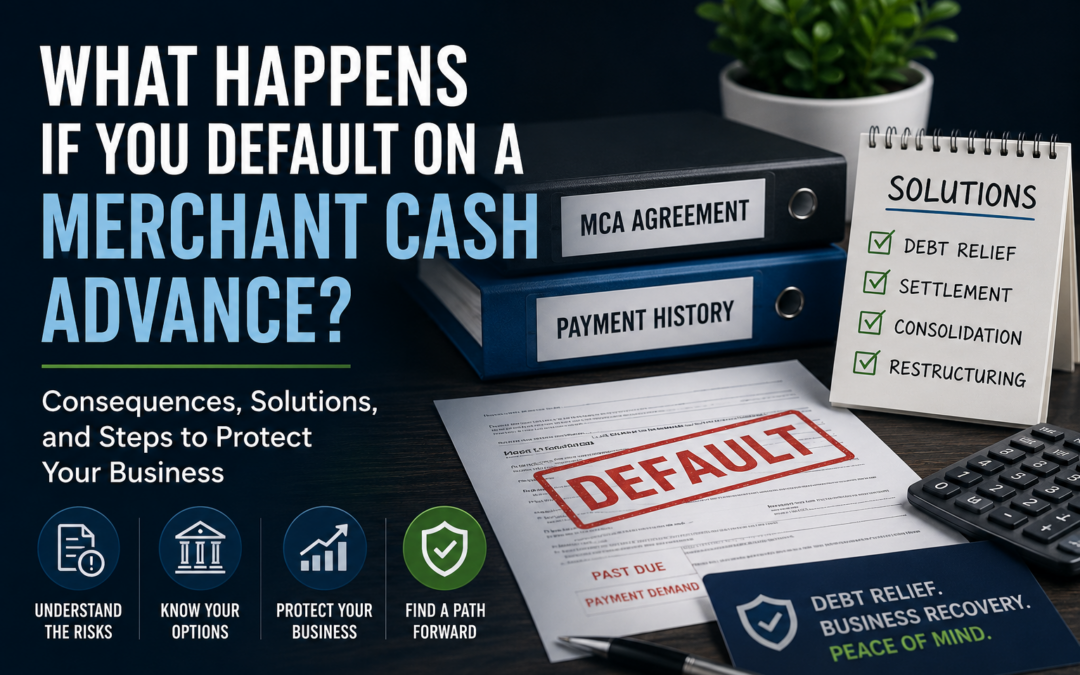 Featured image for a Merchant Cash Advance default guide showing MCA agreement documents, default notices, debt relief solutions, consolidation options, financial records, and business recovery strategies to help companies overcome MCA debt and protect cash flow.