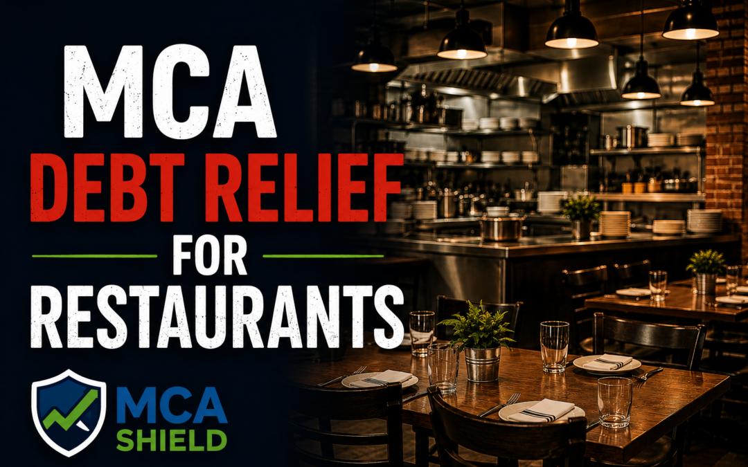 Featured image for MCA Debt Relief for Restaurants showing a warm, upscale restaurant dining room and open kitchen. The title "MCA Debt Relief for Restaurants" appears prominently, with "Debt Relief" highlighted in red. The MCA Shield blue and green logo is displayed in the lower left corner, representing restaurant debt relief, improved cash flow, and financial recovery solutions.