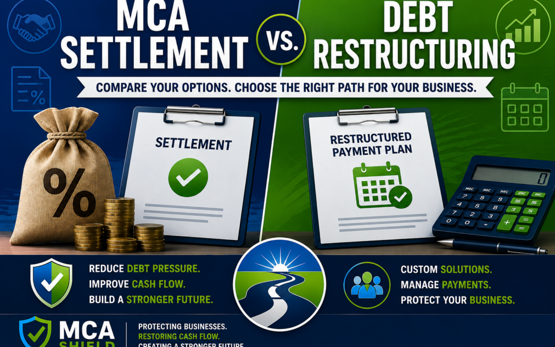 Featured image comparing MCA settlement vs. debt restructuring, showing side-by-side financial solutions with settlement documents, a restructured payment plan, business finance icons, and the MCA Shield logo, illustrating options to improve cash flow and reduce Merchant Cash Advance debt.