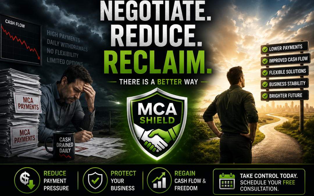Business owner facing MCA payment pressure on one side and a path toward lower payments, improved cash flow, and financial stability through MCA debt negotiation on the other.