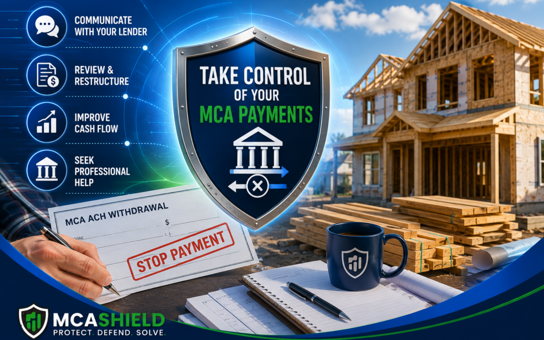 Featured image showing a residential construction site, MCA ACH withdrawal document, financial planning tools, and MCA Shield branding, representing solutions for businesses struggling with MCA ACH withdrawals and cash flow challenges.